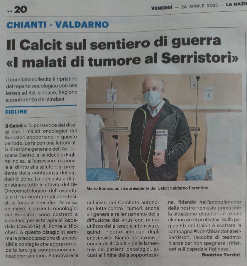 Lettera del Calcit V.no F.no in merito all'Ospedale Serristori e iniziativa social
